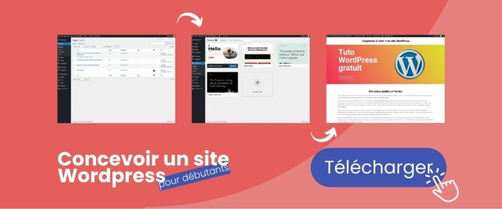 Trois captures d'écran d'un site WordPRess sur fond rouge