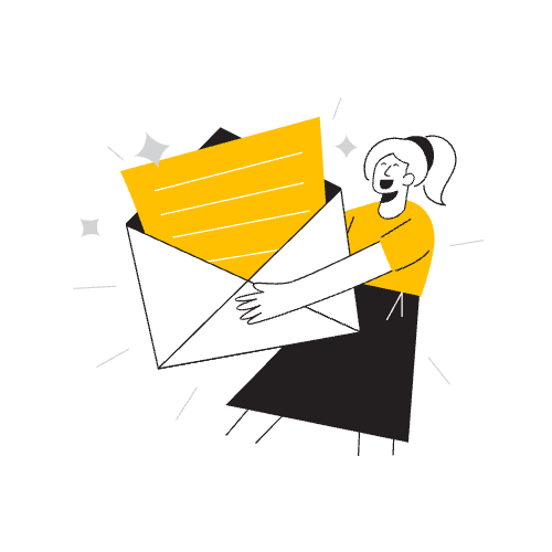 Un personnage féminin avec un t-shirt jaune qui porte une enveloppe géante