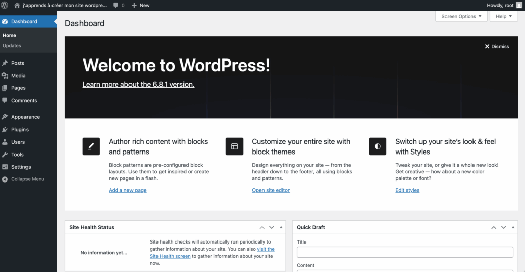 Back office WordPress 6.8.1