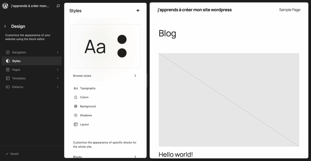 Back office Apparence du thème WordPress 6.8.1