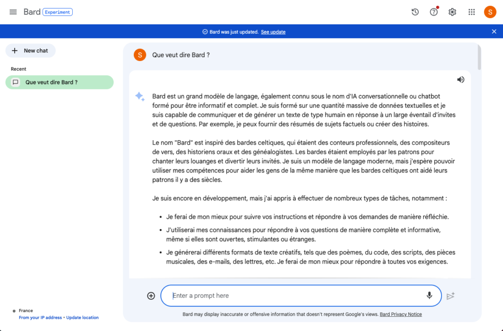 Interface de l'AI Bard de Google