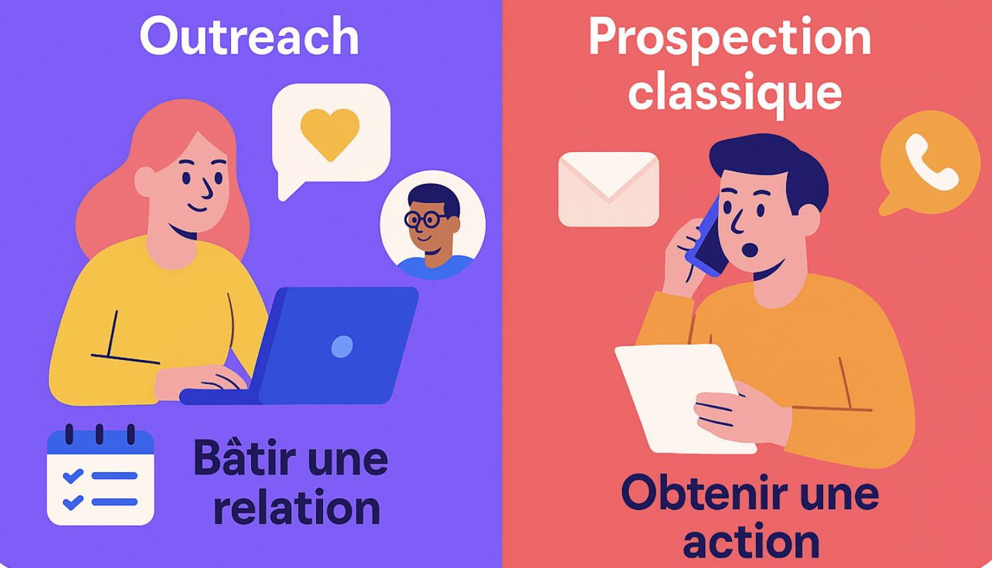 Un fond violet à gauche avec une femme qui travaille sur un pc et un fond rose à droite qui est au téléphone