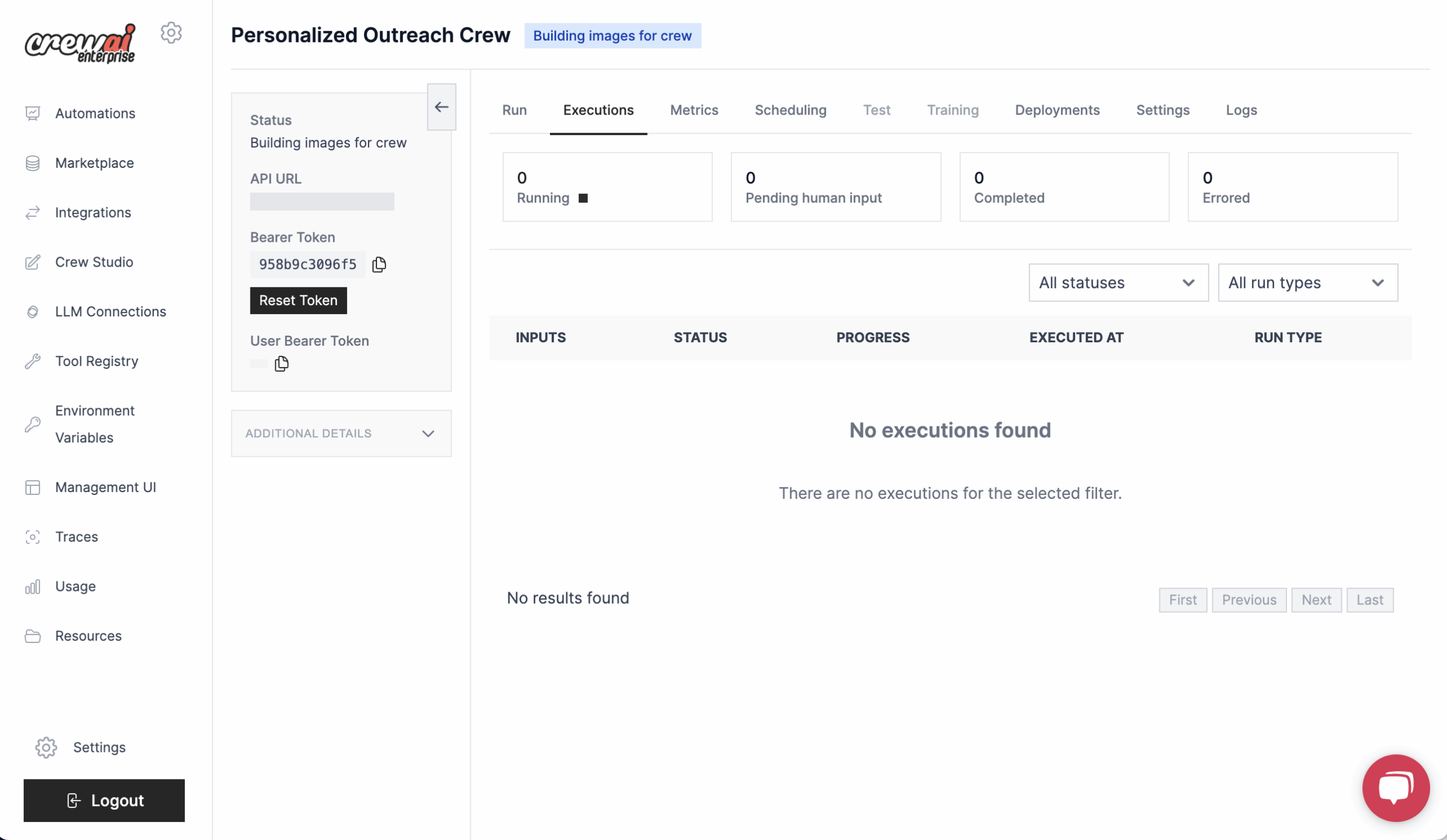 Interface de gestion de CrewAI