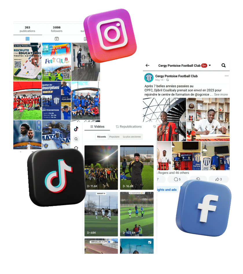 Trois captures d'écran des comptes FAcebook, Instagram et Tiktok du CPFC