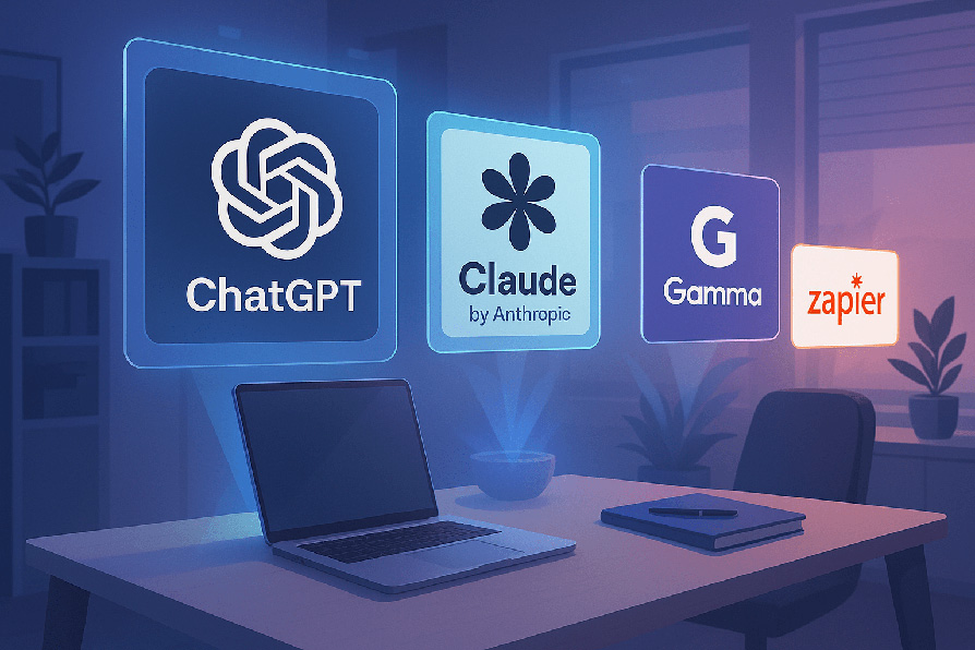 Un bureau moderne et épuré avec 4 Hologrammes flottants montrant les logos de ChatGPT, Gamma, Claude et Zapier
