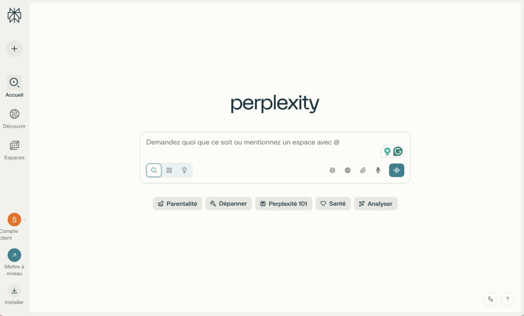 Interface de prompt Perplexity